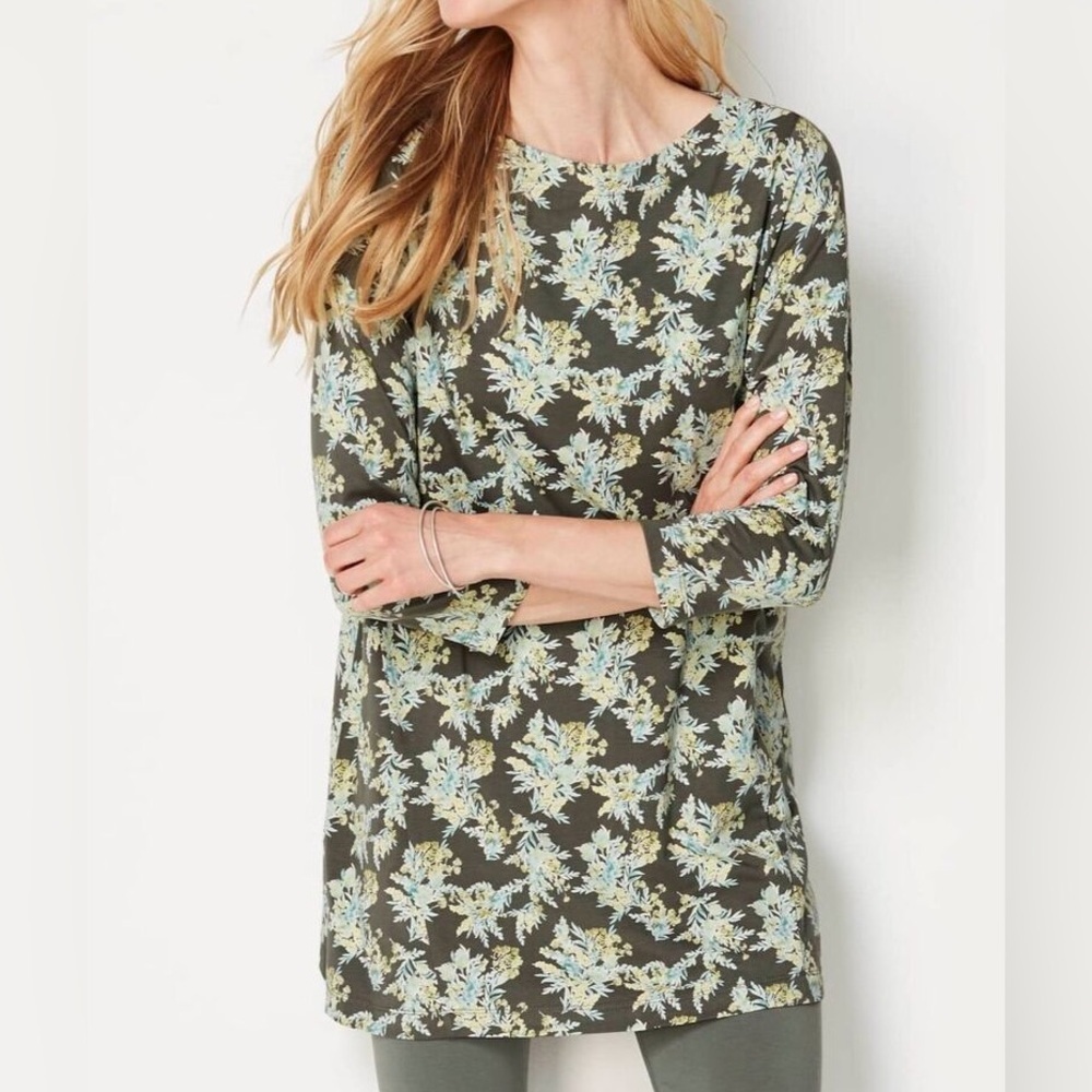 J.Jill Green Floral Luxe Supima 3/4-Sleeve Tunic Top Size XL